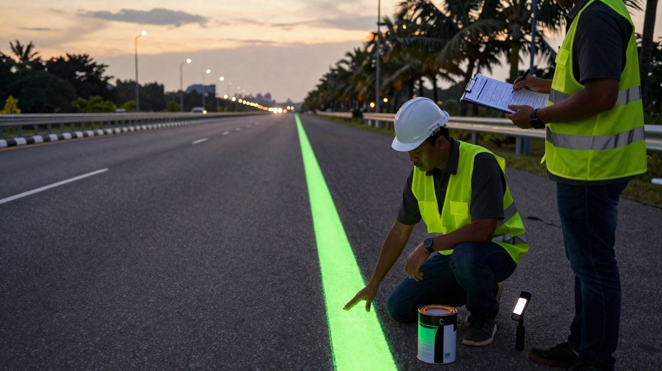 Dois trabalhadores com coletes refletivos aplicam tinta fluorescente numa linha central de estrada ao pôr do sol.
