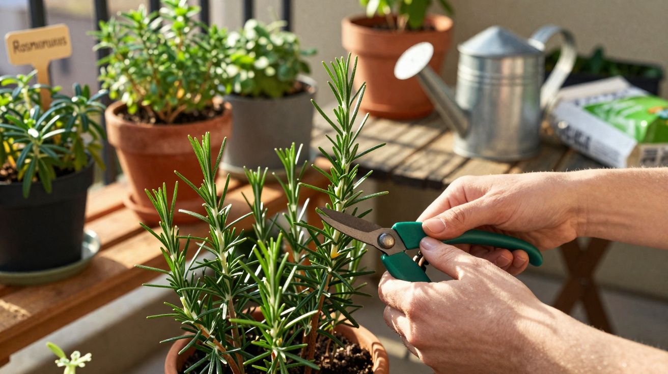 Pessoa a podar alecrim com tesoura de jardinagem num vaso, com regador e outras plantas ao fundo.