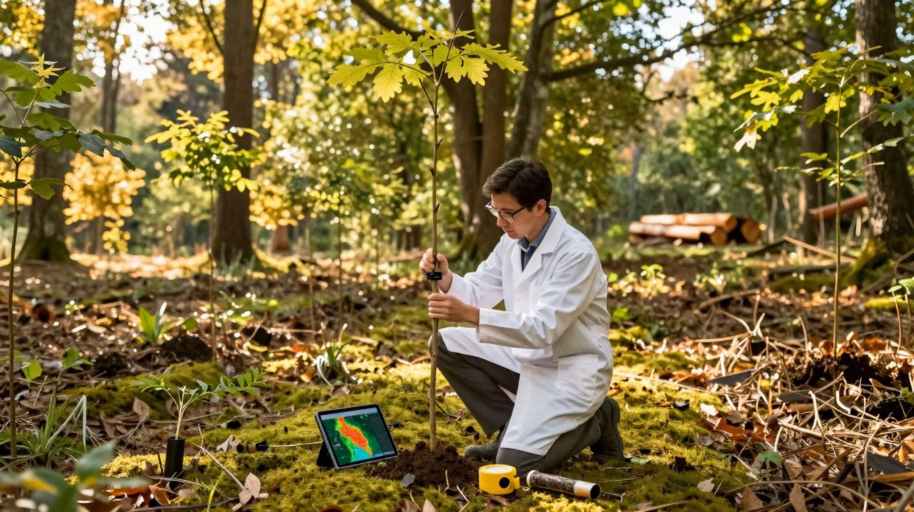 Cientista com bata branca analisa uma planta jovem numa floresta, com equipamento tecnológico ao redor.