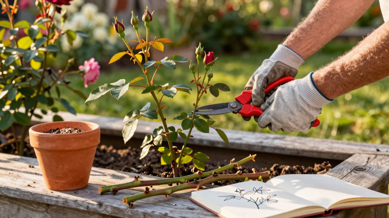 Pessoa a podar ramos de roseira com tesoura vermelha, ao lado de vaso de barro e caderno aberto.