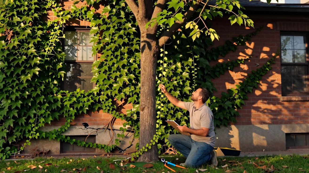 Homem ajoelhado a podar ramo de árvore junto a casa com paredes de tijolo e videiras verdes.