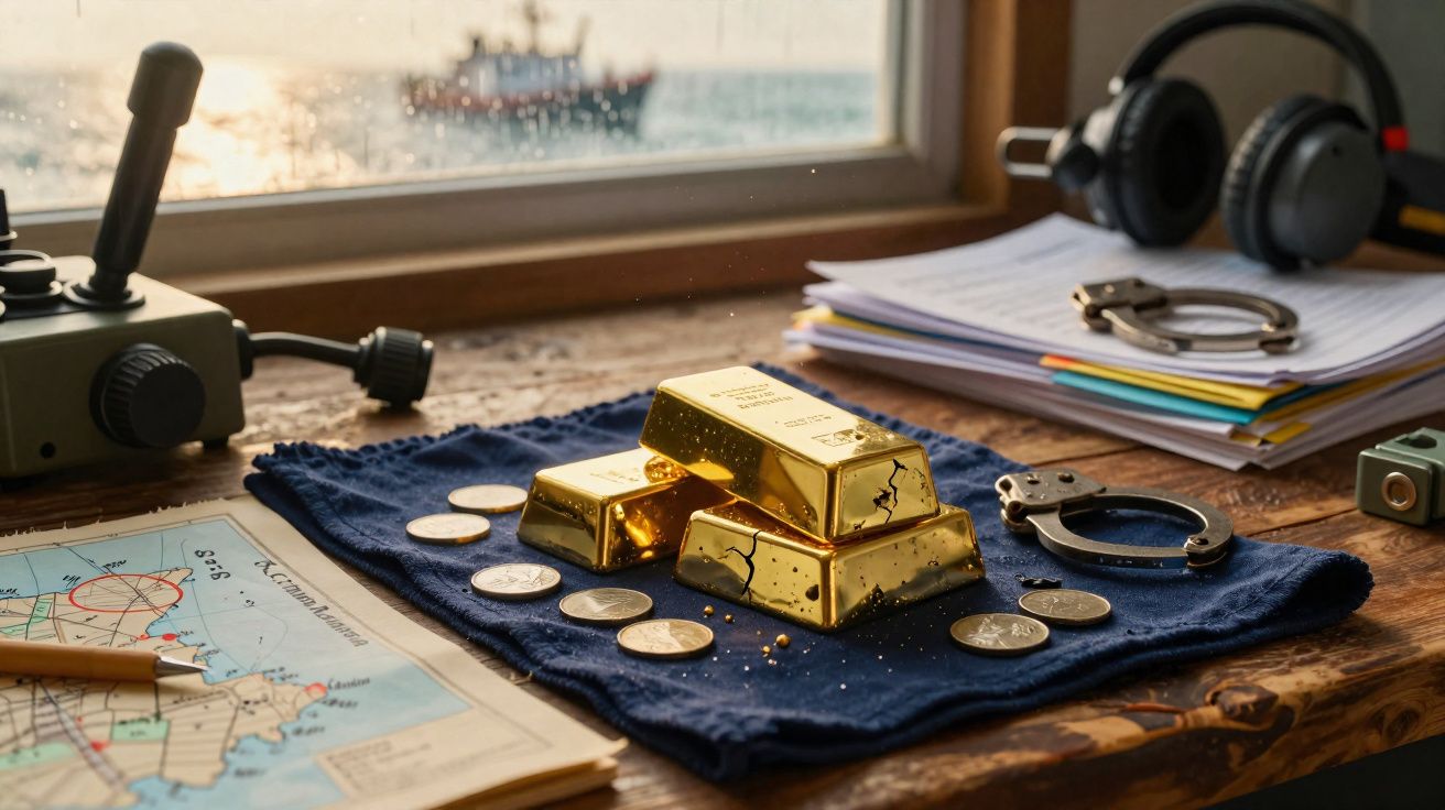 Barras de ouro, moedas, algemas e documentos sobre uma mesa de madeira junto a uma janela com vista para o mar.