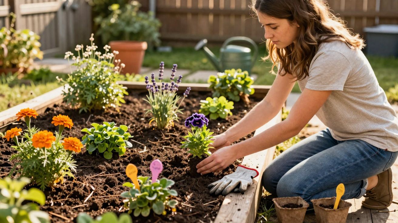 Mulher a plantar flores num canteiro de jardim num dia ensolarado.