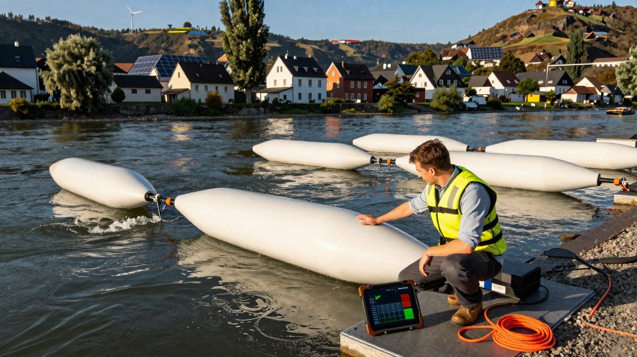 Homem com colete salva-vidas verifica bóias brancas flutuantes em rio junto a casas e colinas ao fundo.