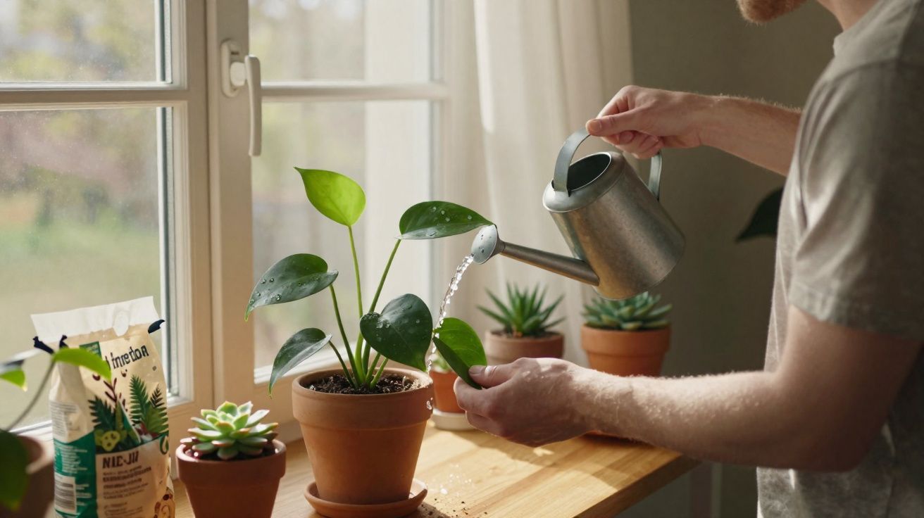 Pessoa a regar plantas em vasos de barro numa janela luminosa com regador metálico.