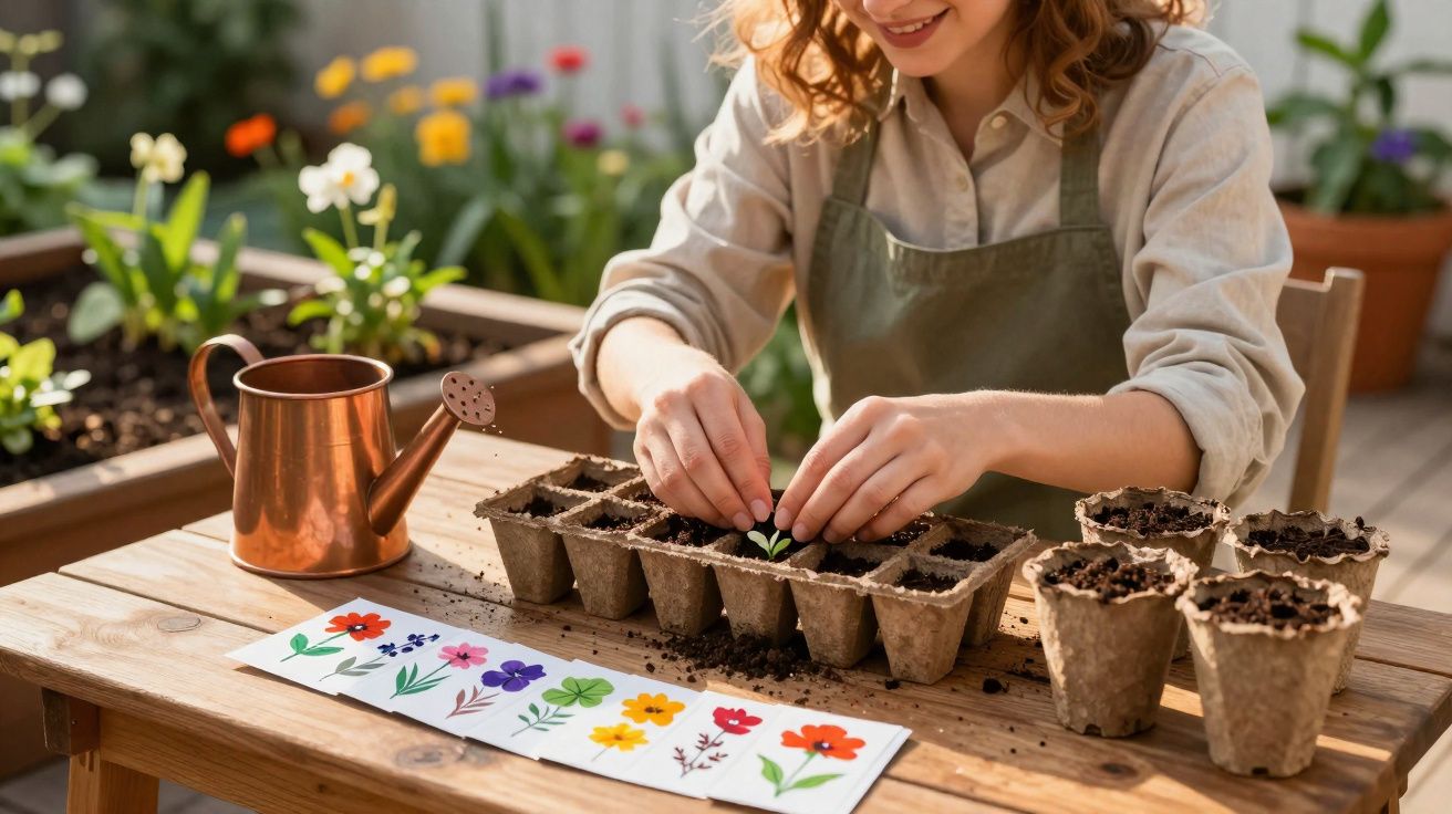 Mulher a plantar sementes em tabuleiro biodegradável, com regador e cartas de flores sobre mesa de madeira.