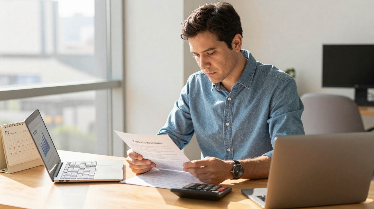 Homem sentado a analisar documentos num escritório com dois computadores portáteis à sua frente.