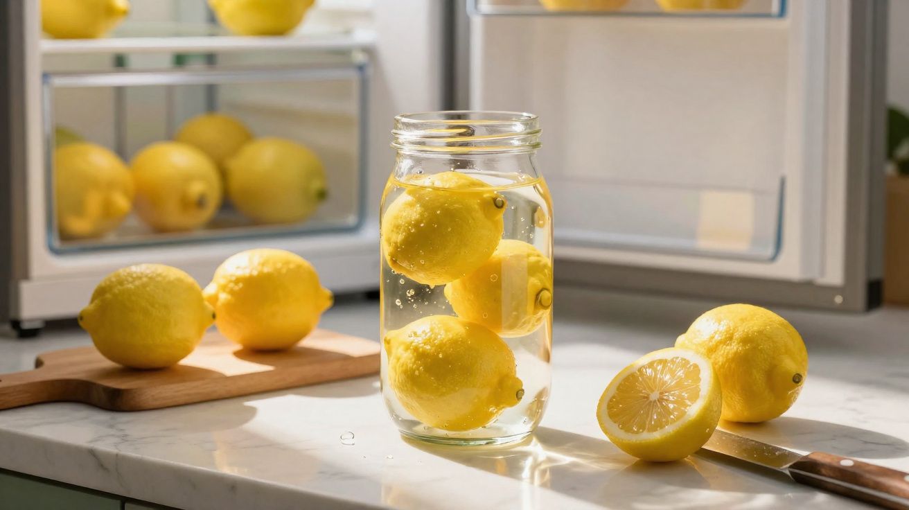 Frascos com limões imersos em água sobre bancada, com limões frescos e frigorífico aberto ao fundo.