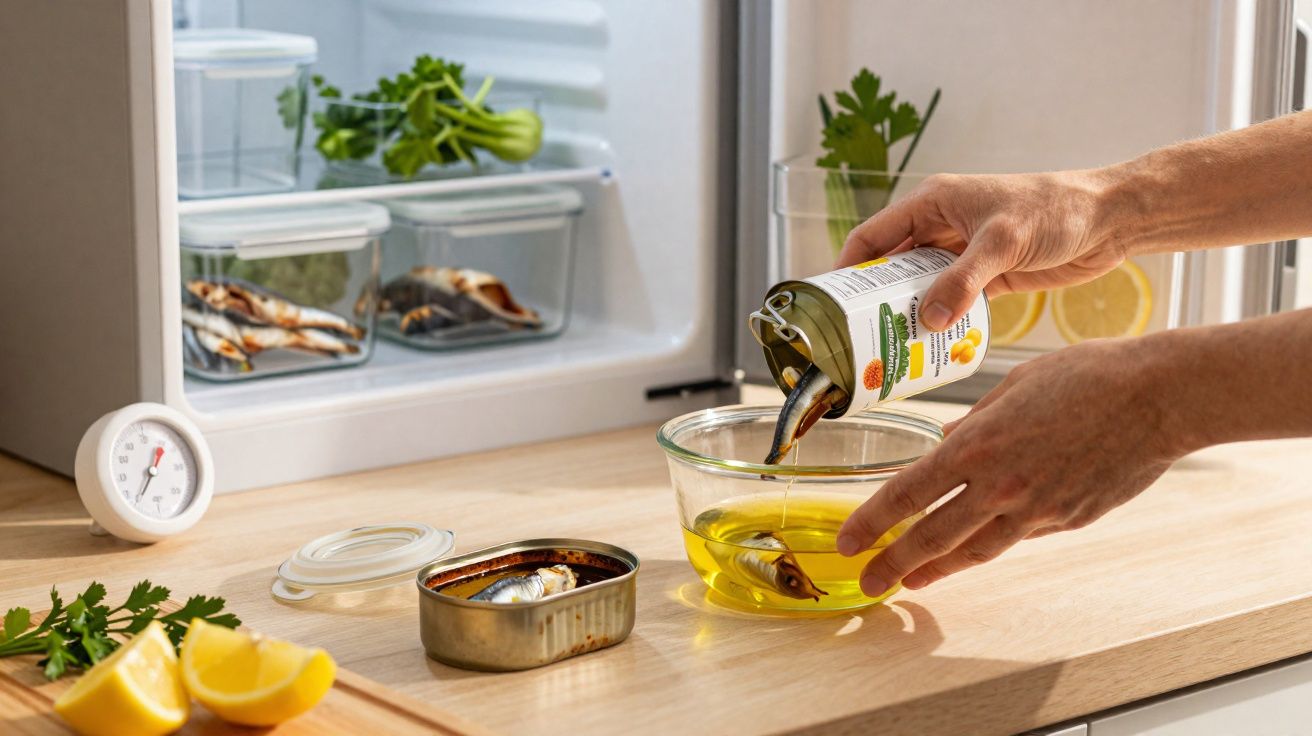 Pessoa a escorrer sardinhas em azeite para taça com frigorífico aberto ao fundo, limões e salsa na bancada.