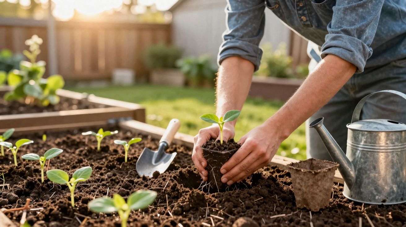 Pessoa a plantar uma muda numa horta com terra fresca, regador metálico e pequena pá ao lado.