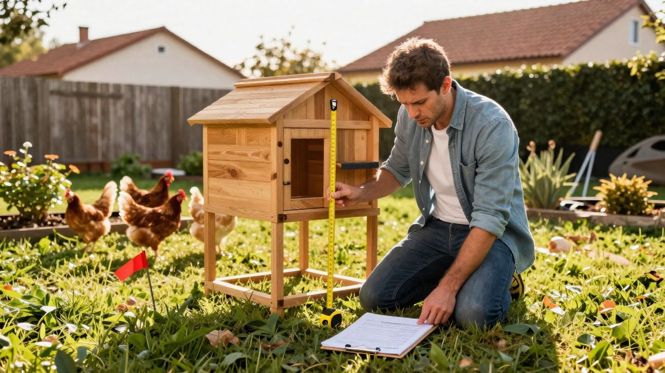 Homem a medir uma pequena casa de madeira para galinhas num jardim, rodeado por cinco galinhas.