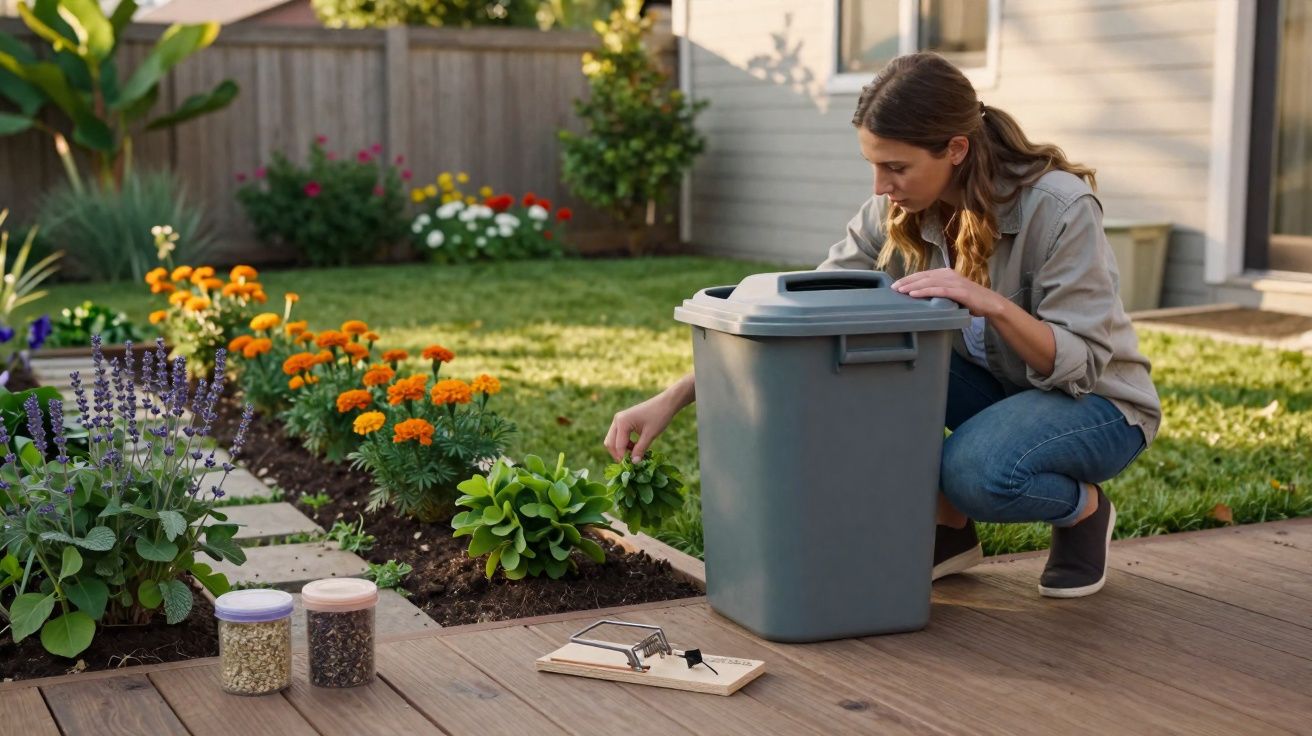 Mulher agachada num jardim a apanhar erva daninha perto de um caixote do lixo cinzento e armadilha para ratos.