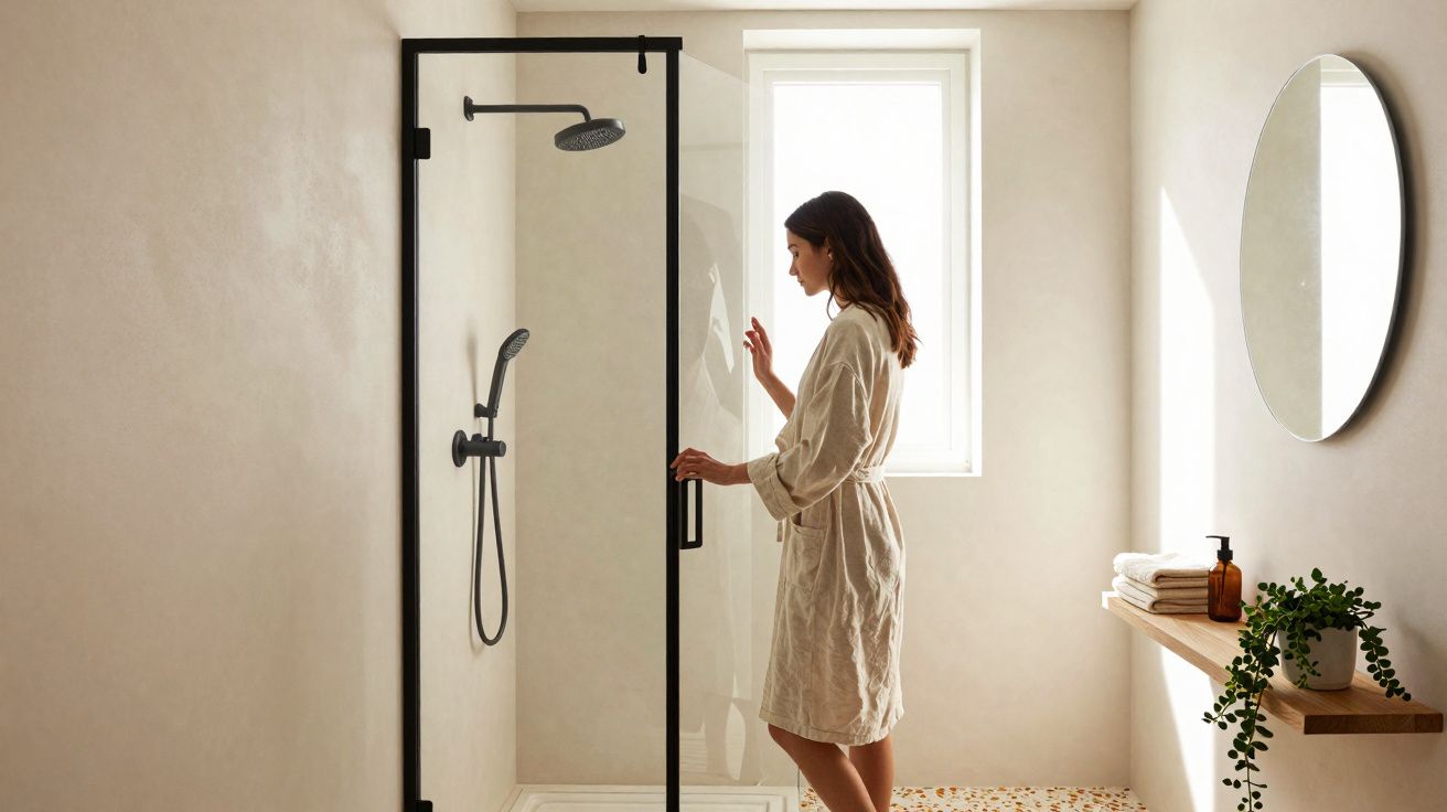 Mulher com roupão branco a abrir a porta de vidro de um chuveiro numa casa de banho luminosa e minimalista.