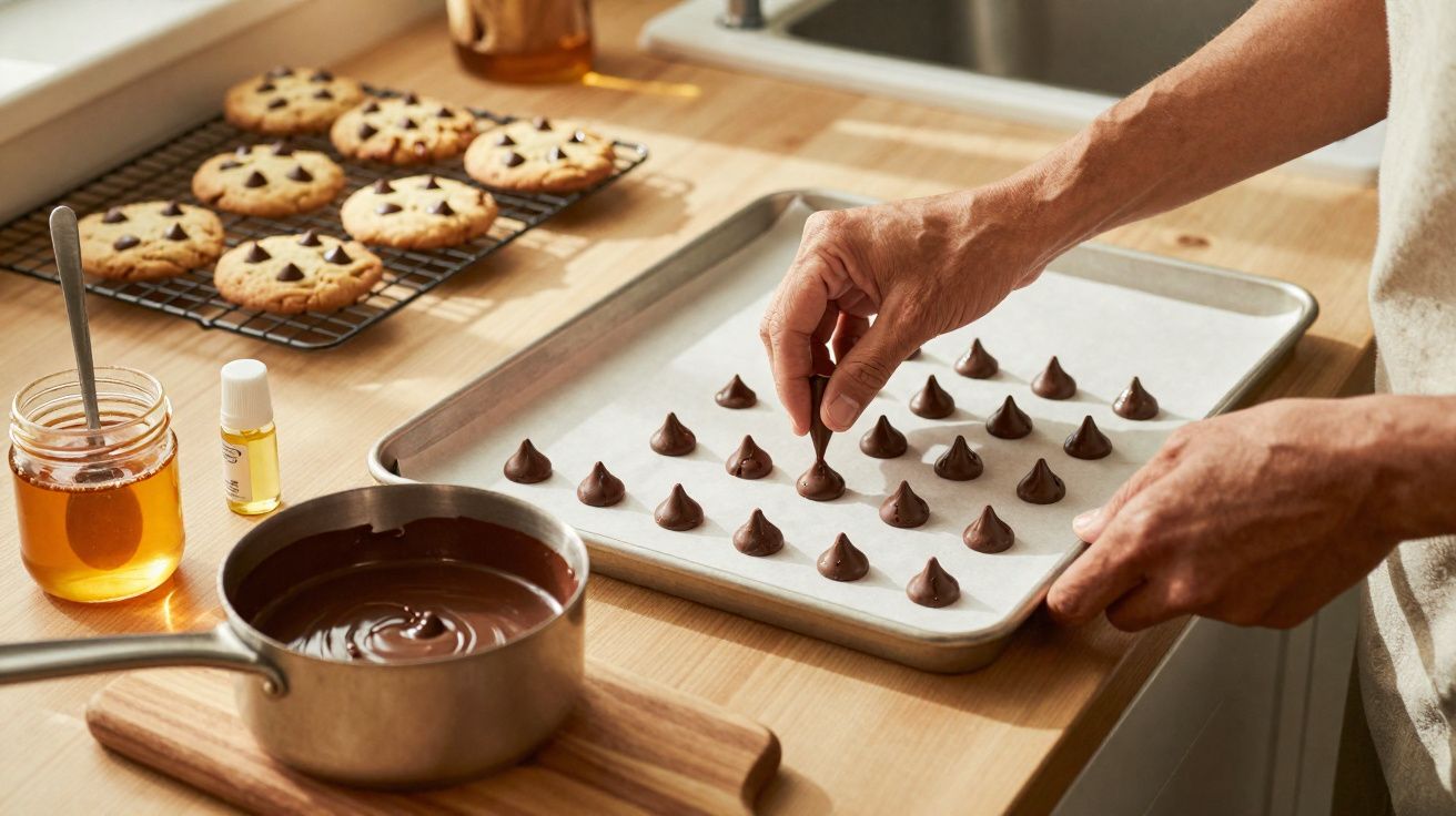 Mãos a colocar gotas de chocolate num tabuleiro, biscoitos de chocolate e mel numa cozinha iluminada.