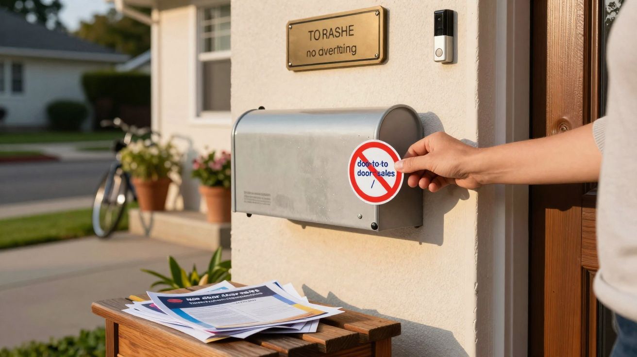 Pessoa a colocar autocolante "sem vendas porta a porta" numa caixa de correio prateada numa casa.