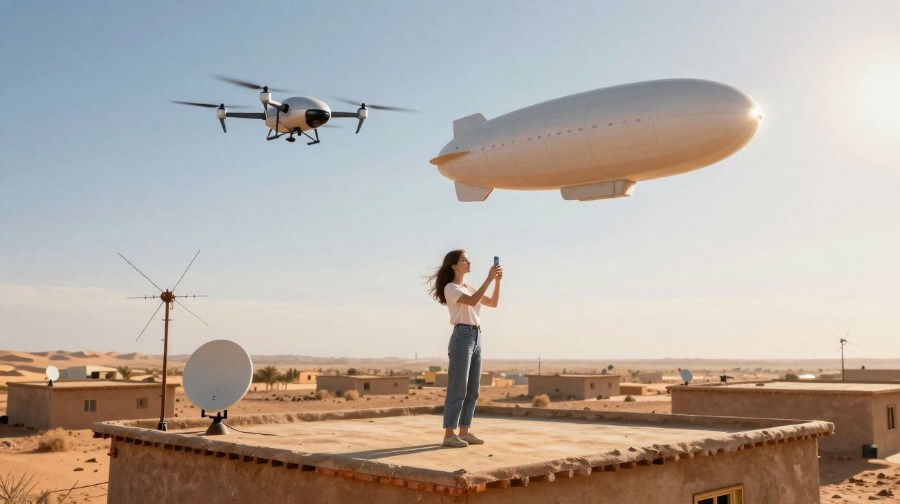 Mulher num telhado no deserto a fotografar um drone e um dirigível a voar próximo ao pôr do sol.