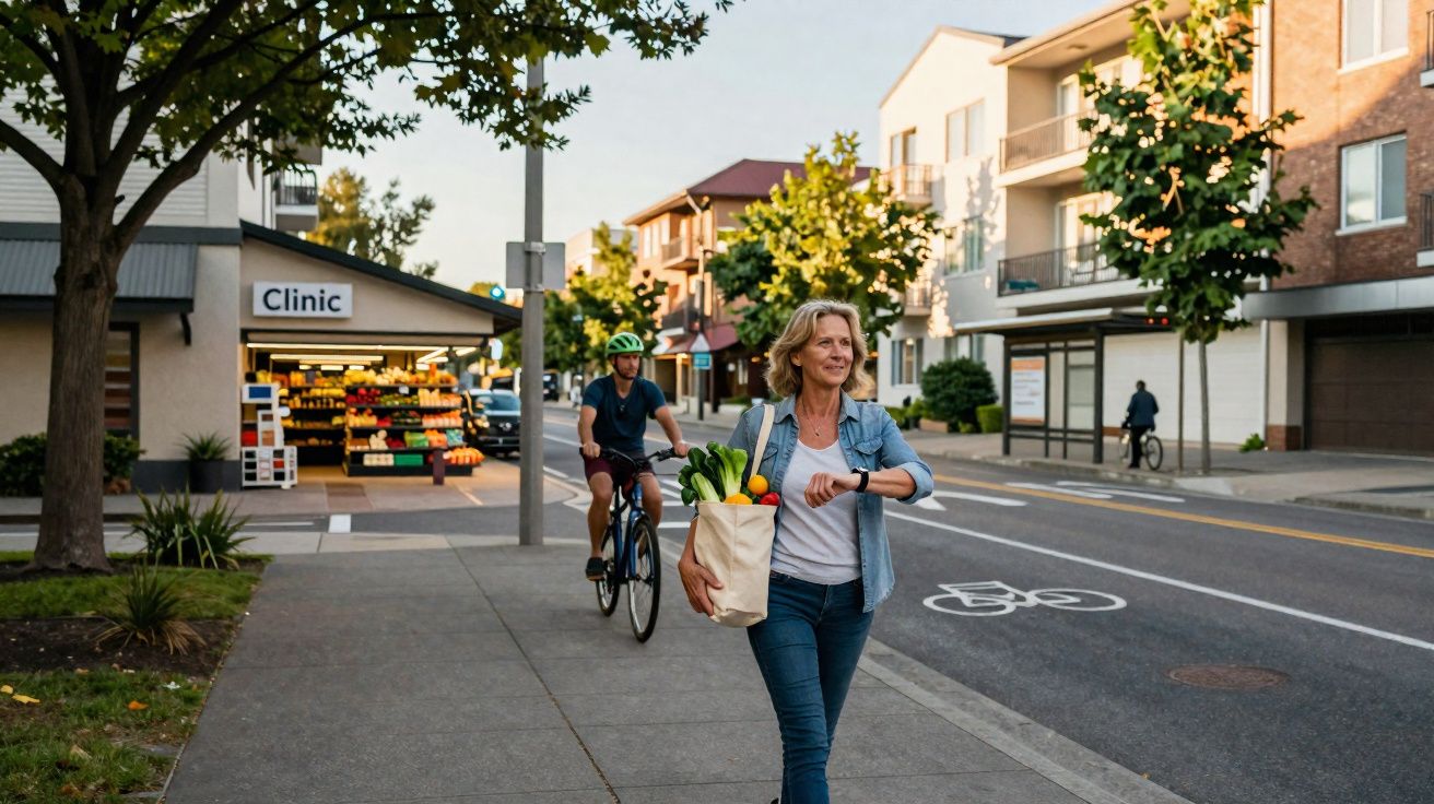 Mulher a caminhar com saco de compras cheio de legumes numa rua urbana, ciclistas ao fundo.