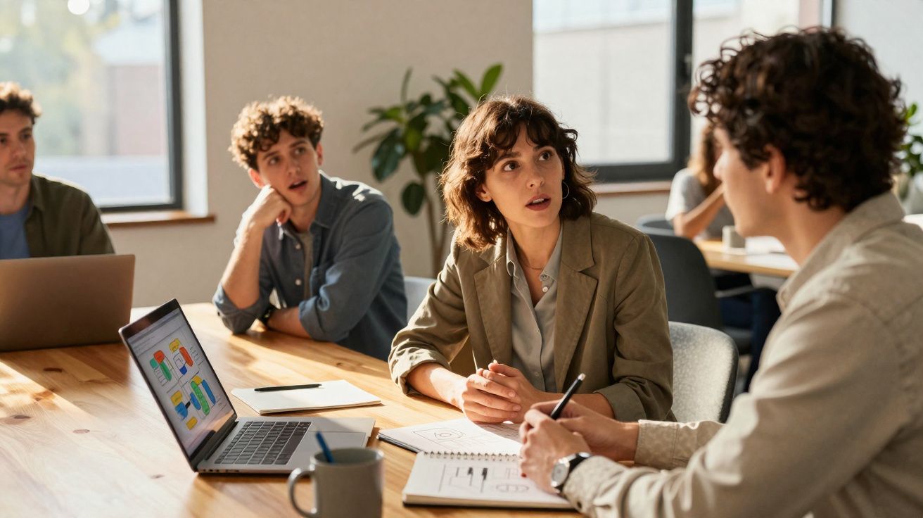 Grupo de jovens discutem projeto num escritório com laptop e cadernos sobre a mesa.