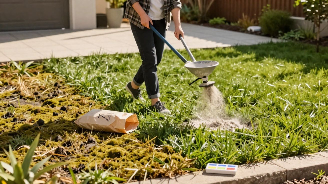 Pessoa espalhando fertilizante numa relva verde com saco e caixa colorida ao lado.