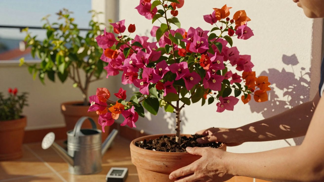 Pessoa a cuidar de planta florida num vaso de barro num terraço com regador ao fundo.