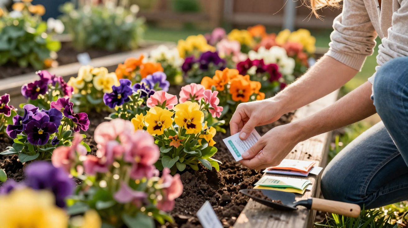 Pessoa a plantar flores coloridas num canteiro com cartão de identificação das plantas.
