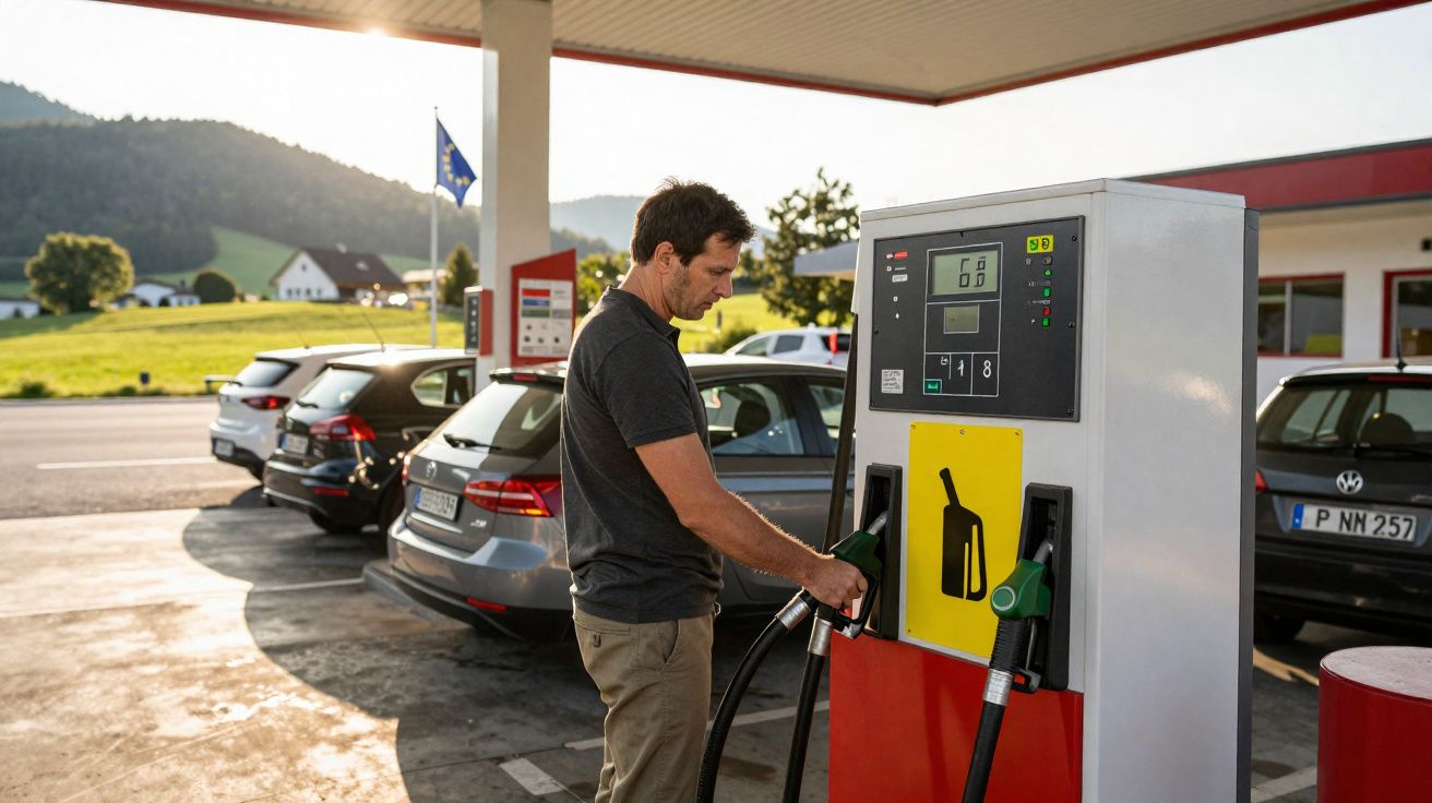 Homem abastece carro numa bomba de combustível numa estação de serviço com carros estacionados e colinas ao fundo.
