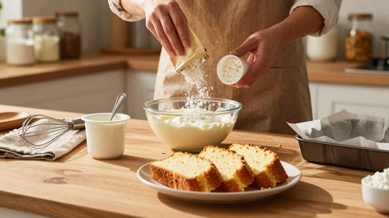 Pessoa a adicionar ingrediente seco numa taça com mistura para fazer bolo, fatias de bolo numa travessa.