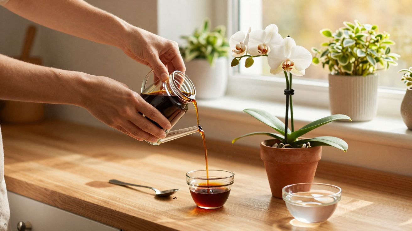 Pessoa a verter café em copo pequeno sobre bancada de madeira com plantas junto à janela.