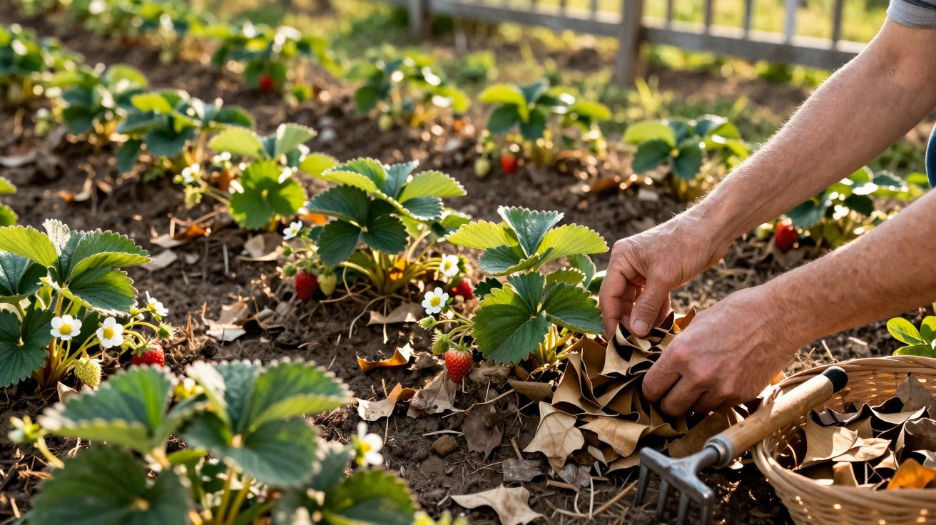 Mãos a cobrir planta de morango com folhas secas num jardim, ao lado de uma cesta e uma pequena ferramenta.