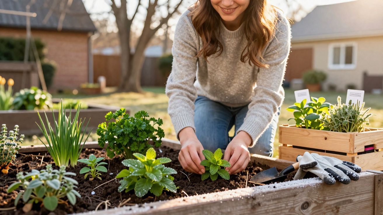 Mulher a plantar ervas aromáticas numa horta elevada ao ar livre num dia soalheiro.