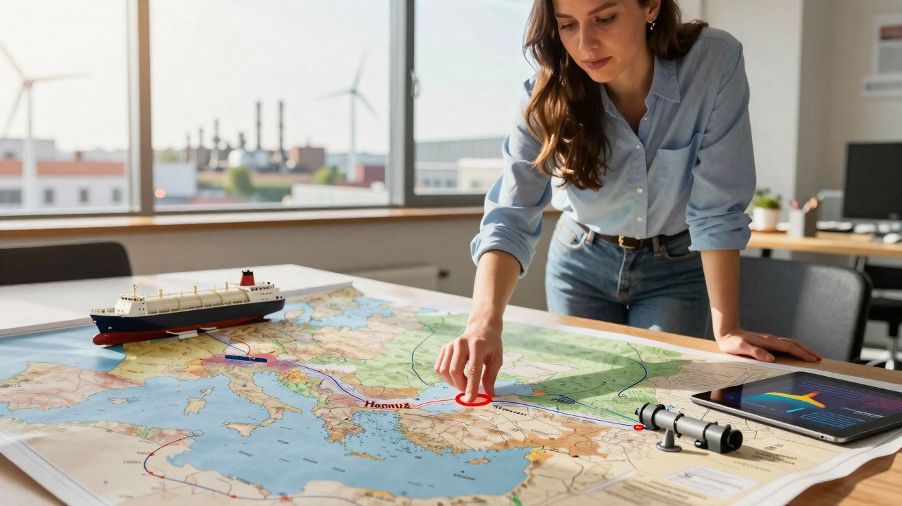 Mulher a analisar rota em mapa marítimo com modelo de navio e tablet numa sala de escritório iluminada.