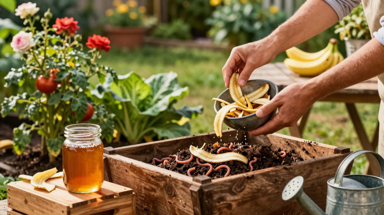 Mãos a adicionar cascas de banana e restos orgânicos a um compostor com minhocas num jardim.