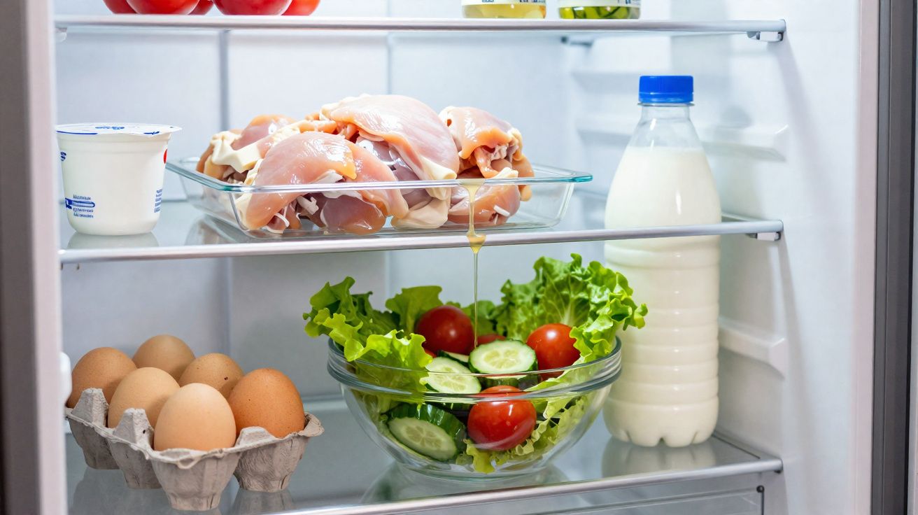 Interior de frigorífico com frango cru, ovos, iogurte, salada fresca e garrafa de leite.