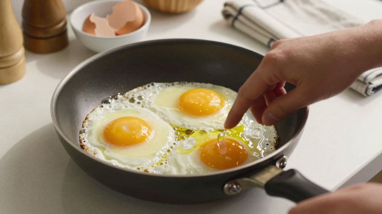 Mãos a cozinhar três ovos estrelados numa frigideira preta numa bancada de cozinha branca.