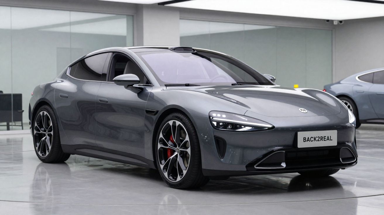 Carro elétrico cinzento prateado de quatro portas estacionado em ambiente interior moderno e minimalista.