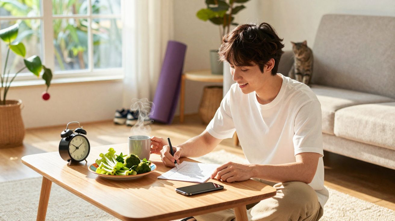 Jovem sentado no chão a escrever, com prato de legumes, chá quente, telemóvel e despertador numa mesa baixa.