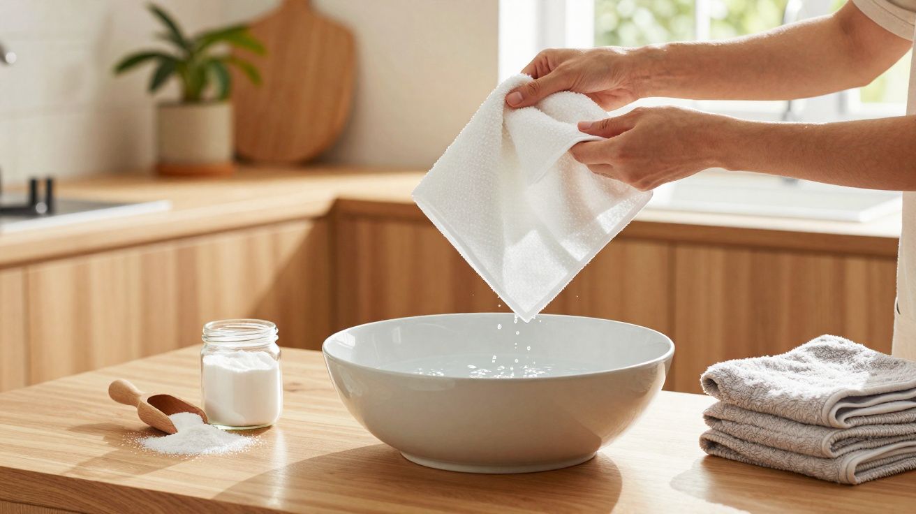 Mãos a espremer um pano branco sobre uma bacia branca numa cozinha moderna com toques de madeira.