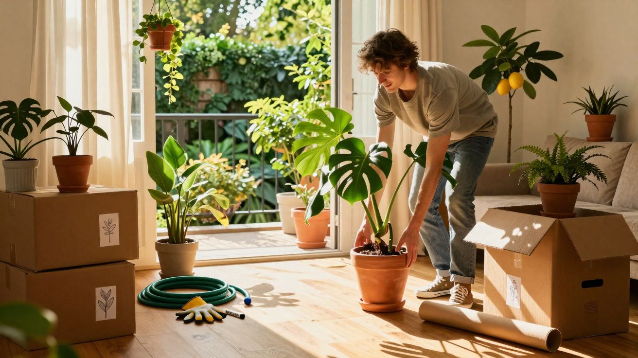 Pessoa a cuidar de plantas em vaso numa sala iluminada com caixas de mudanças e varanda com plantas.