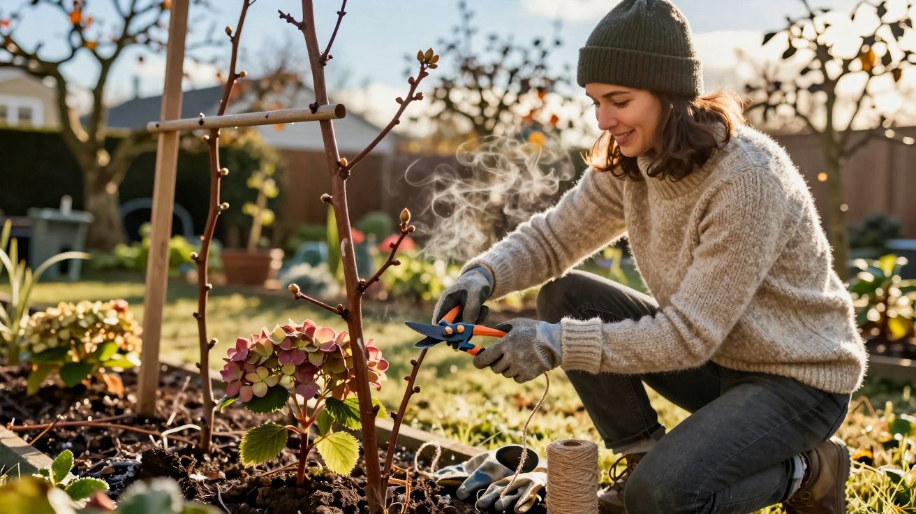 Mulher a podar planta com tesoura de jardinagem num jardim ensolarado de manhã cedo.