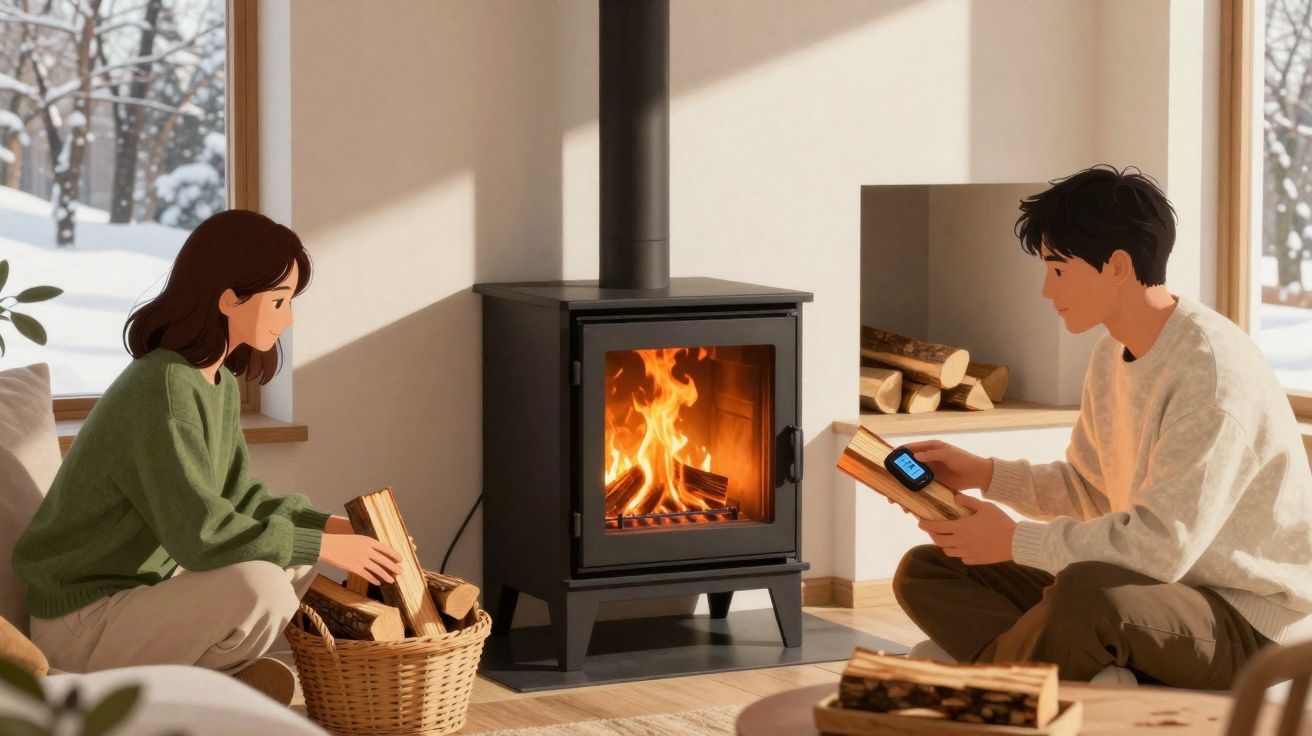 Casal a aquecer-se junto a salamandra com lareira acesa e lenha dentro de casa em dia de neve.