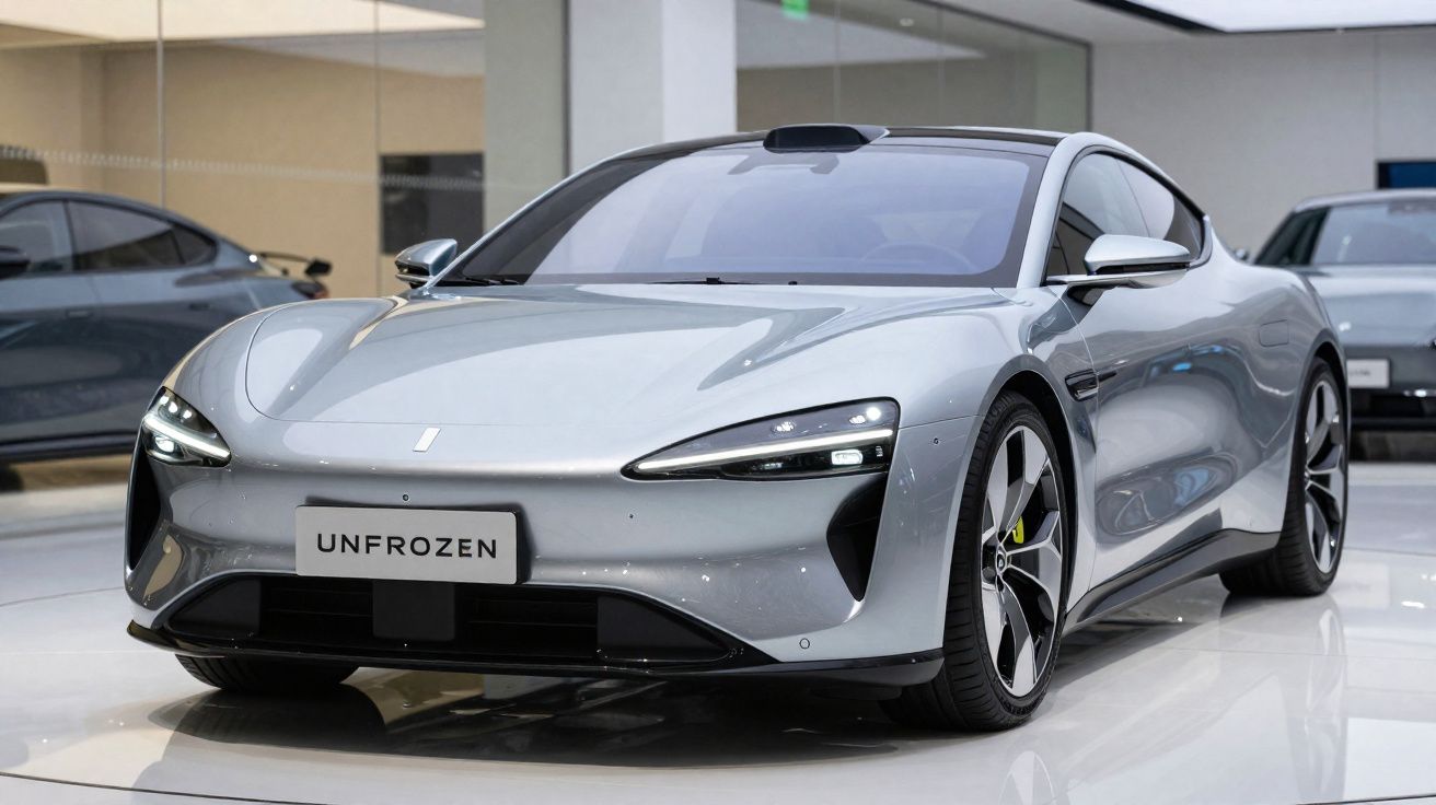 Carro elétrico desportivo moderno cinzento prateado em exposição numa sala iluminada.