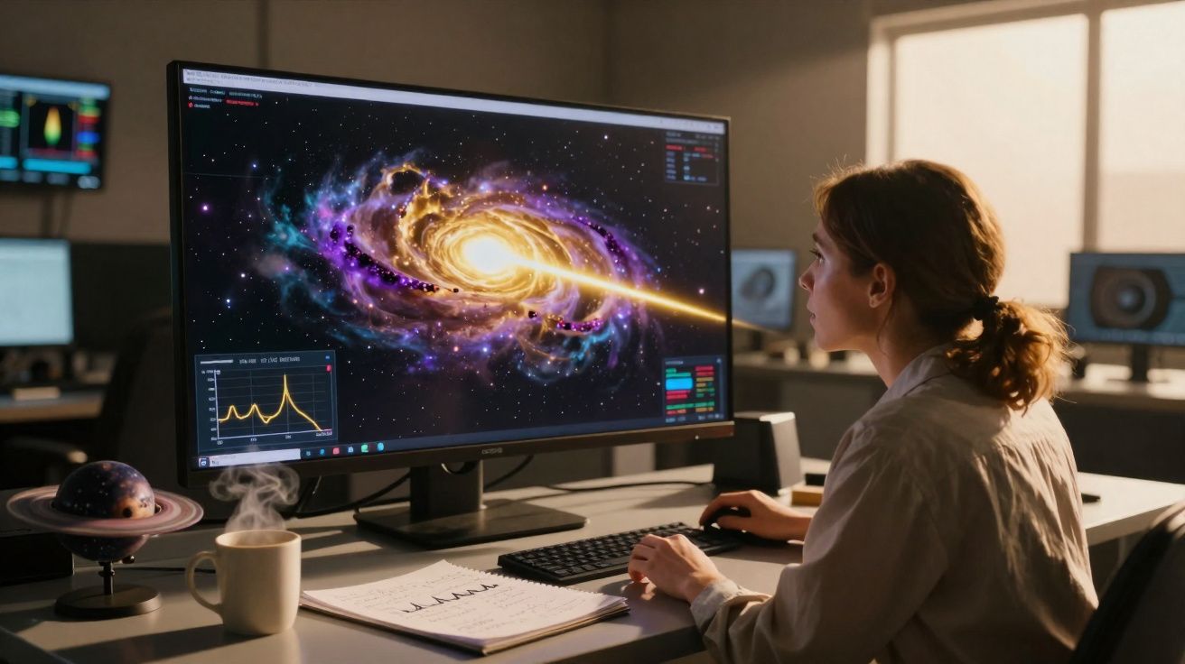 Mulher a analisar imagens de galáxia brilhante num ecrã de computador em escritório de investigação espacial.