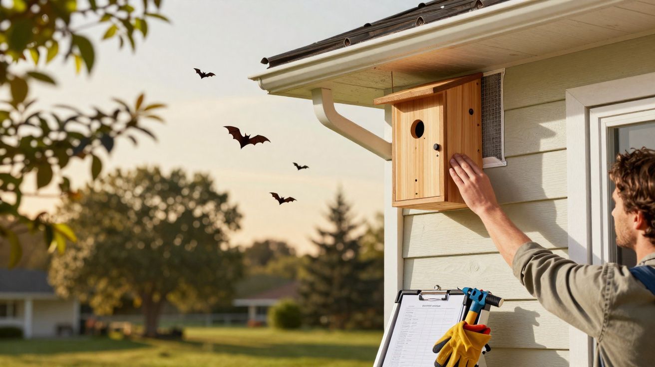 Homem a instalar casa para morcegos numa parede exterior de uma casa ao entardecer.