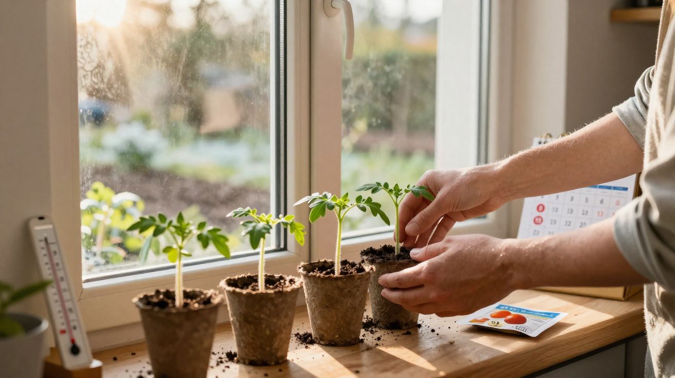Mãos a cuidar de cinco pequenos vasos com plantas jovens numa janela iluminada pela luz do sol.