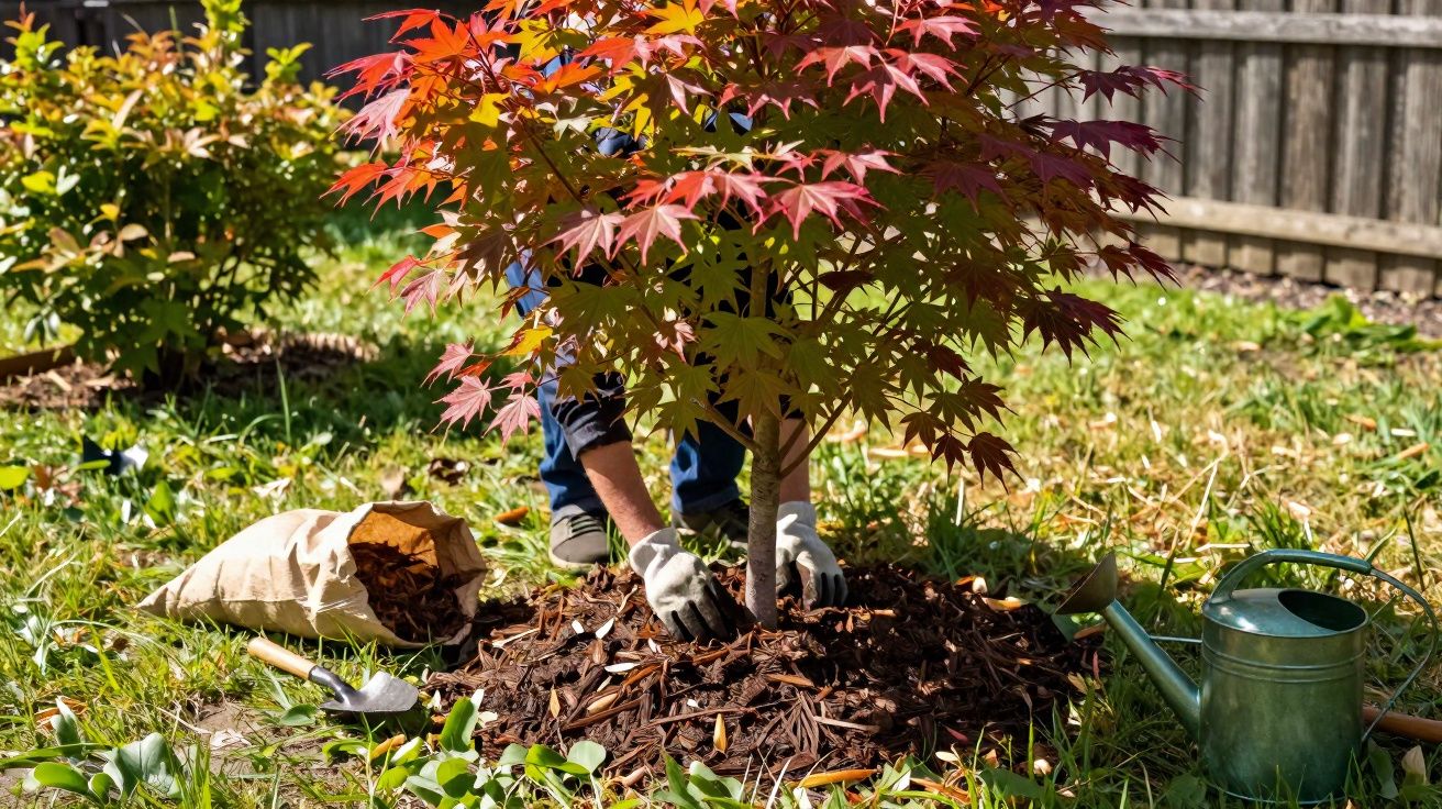Pessoa a cuidar de árvore de bordo vermelho num jardim, com regador e saco de folhas secas ao lado.
