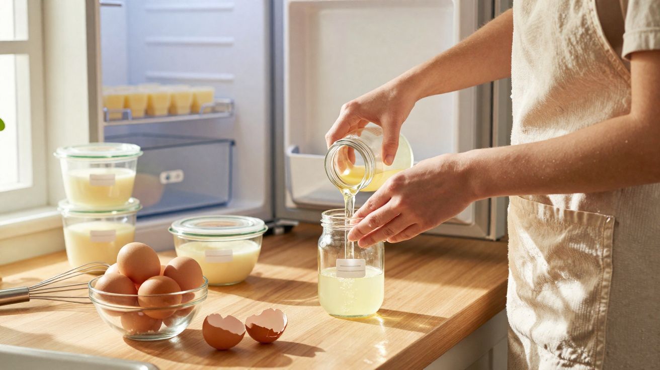 Pessoa a transferir clara de ovo para um frasco de vidro numa bancada com ovos e tigelas de vidro.