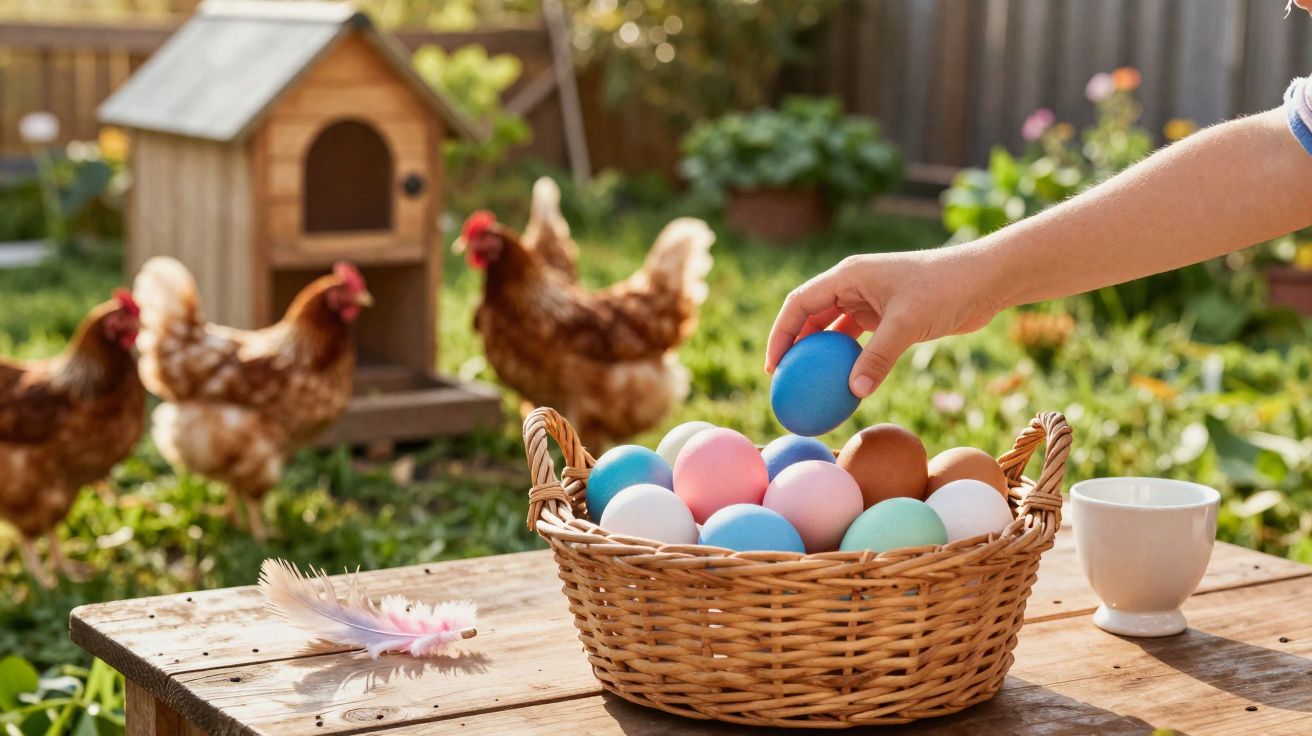 Cesto com ovos coloridos sobre uma mesa de madeira no jardim, com galinhas e galinheiro ao fundo.