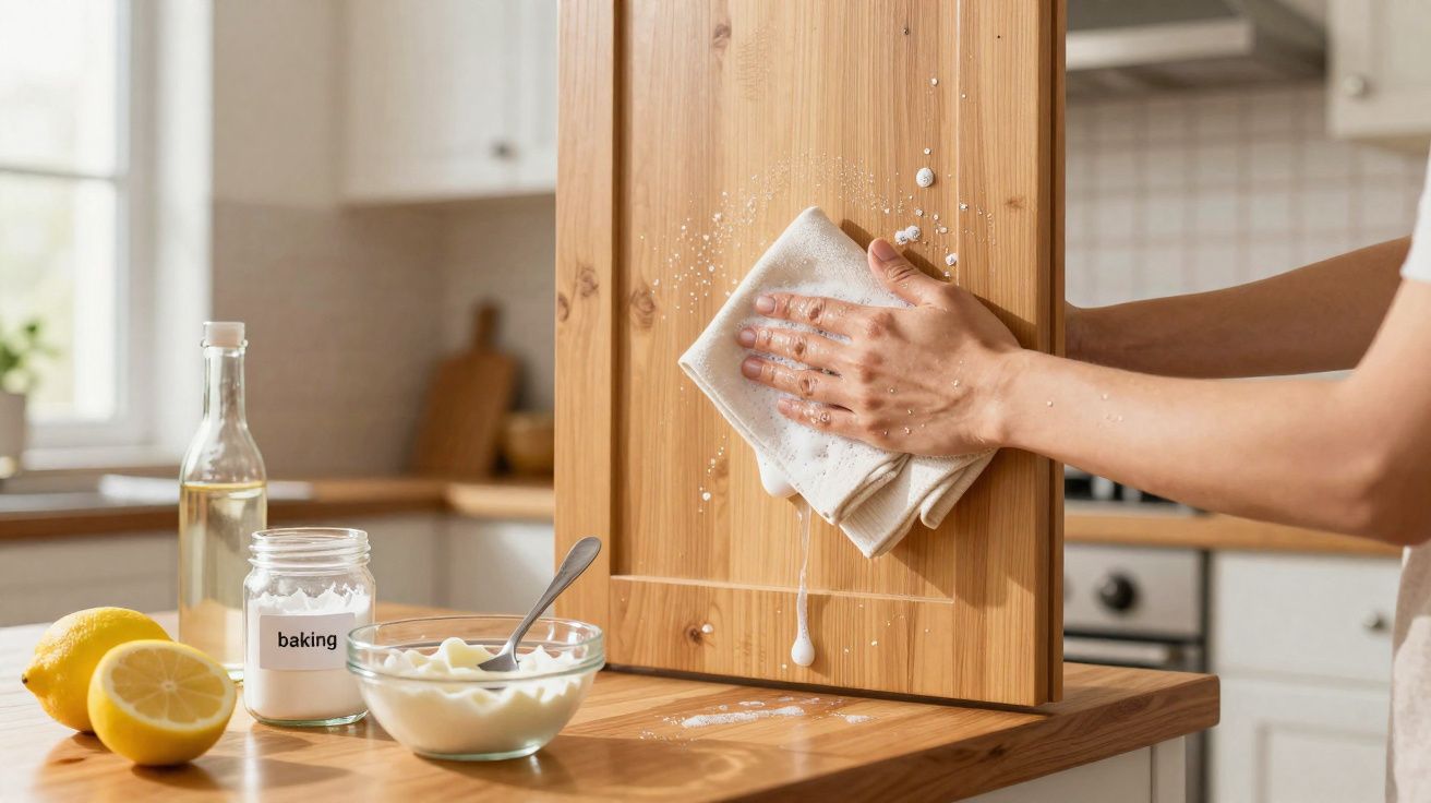 Pessoa a limpar uma tábua de cortar de madeira com um pano numa cozinha iluminada.