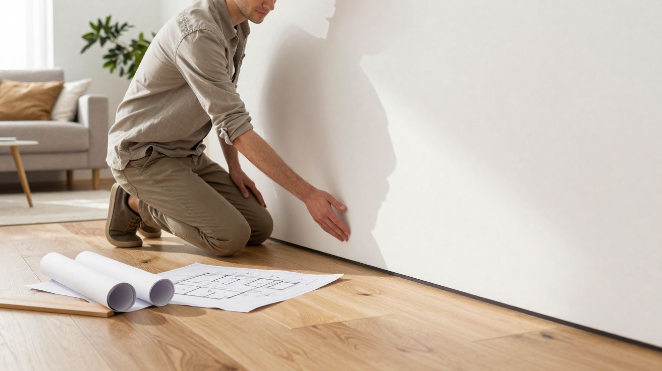 Homem ajoelhado a verificar isolamento junto a parede branca, com plantas e sofá ao fundo e plantas no chão.