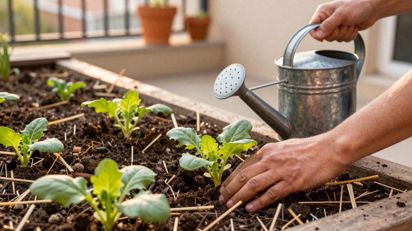 Pessoa a regar e cuidar de plantas jovens numa caixa de cultivo num espaço exterior.
